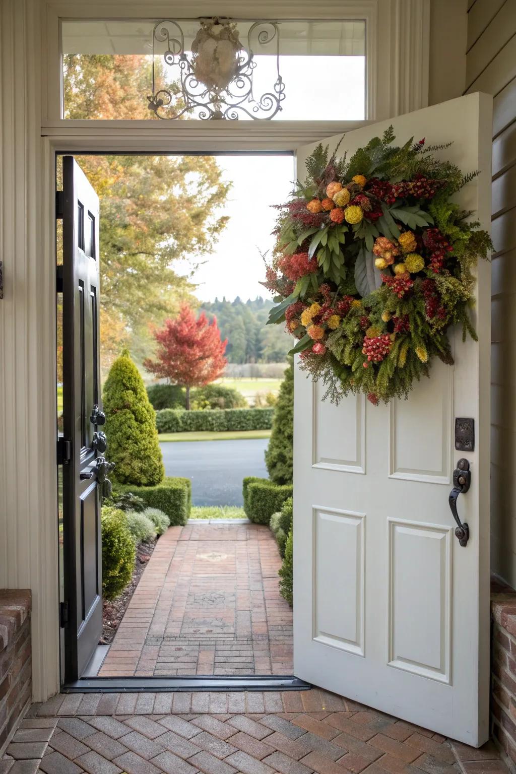 A charming wreath sets a welcoming tone.