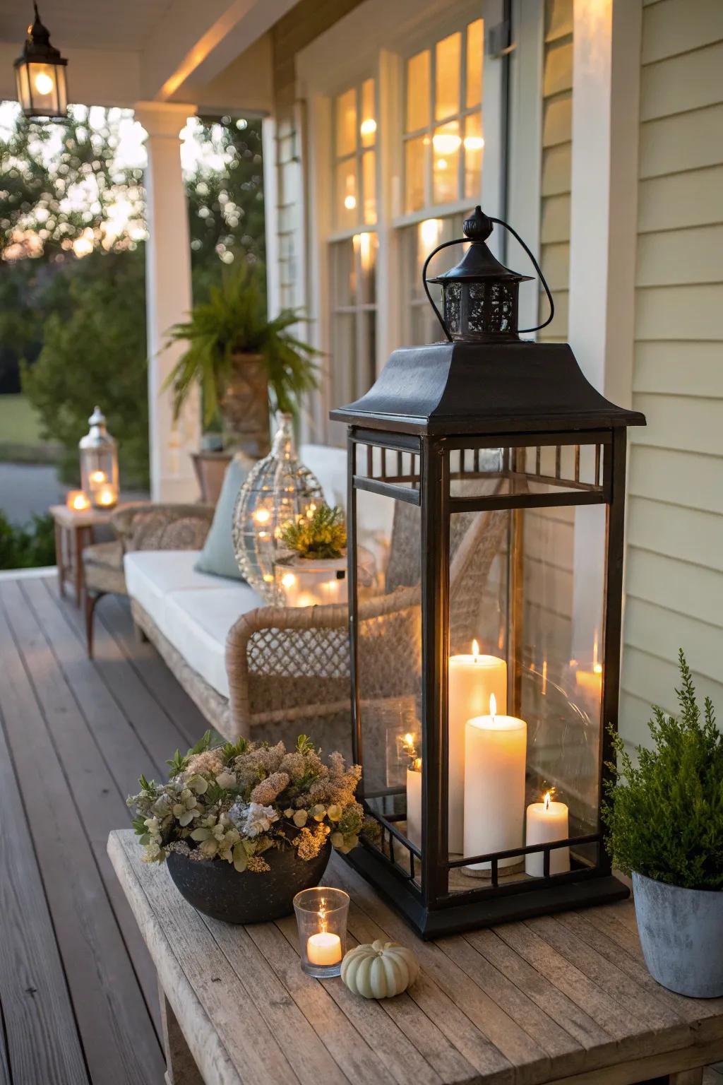 A lantern centerpiece can become the focal point of your porch.