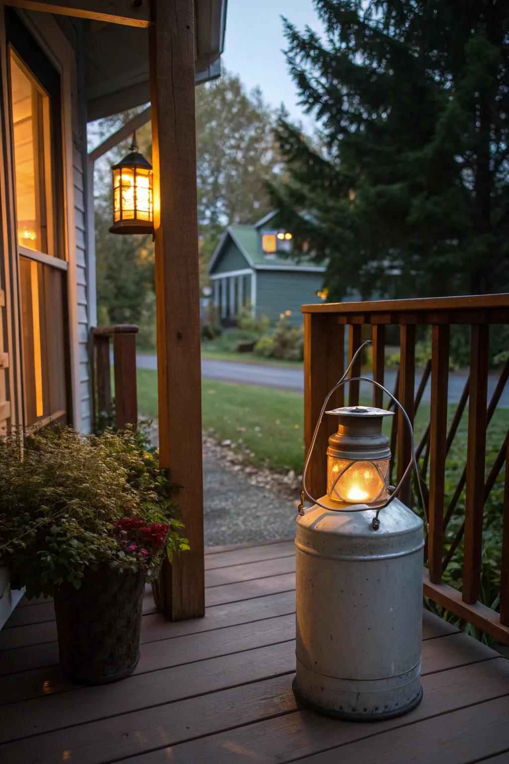 Lanterns add a cozy touch to your vintage milk can setup.