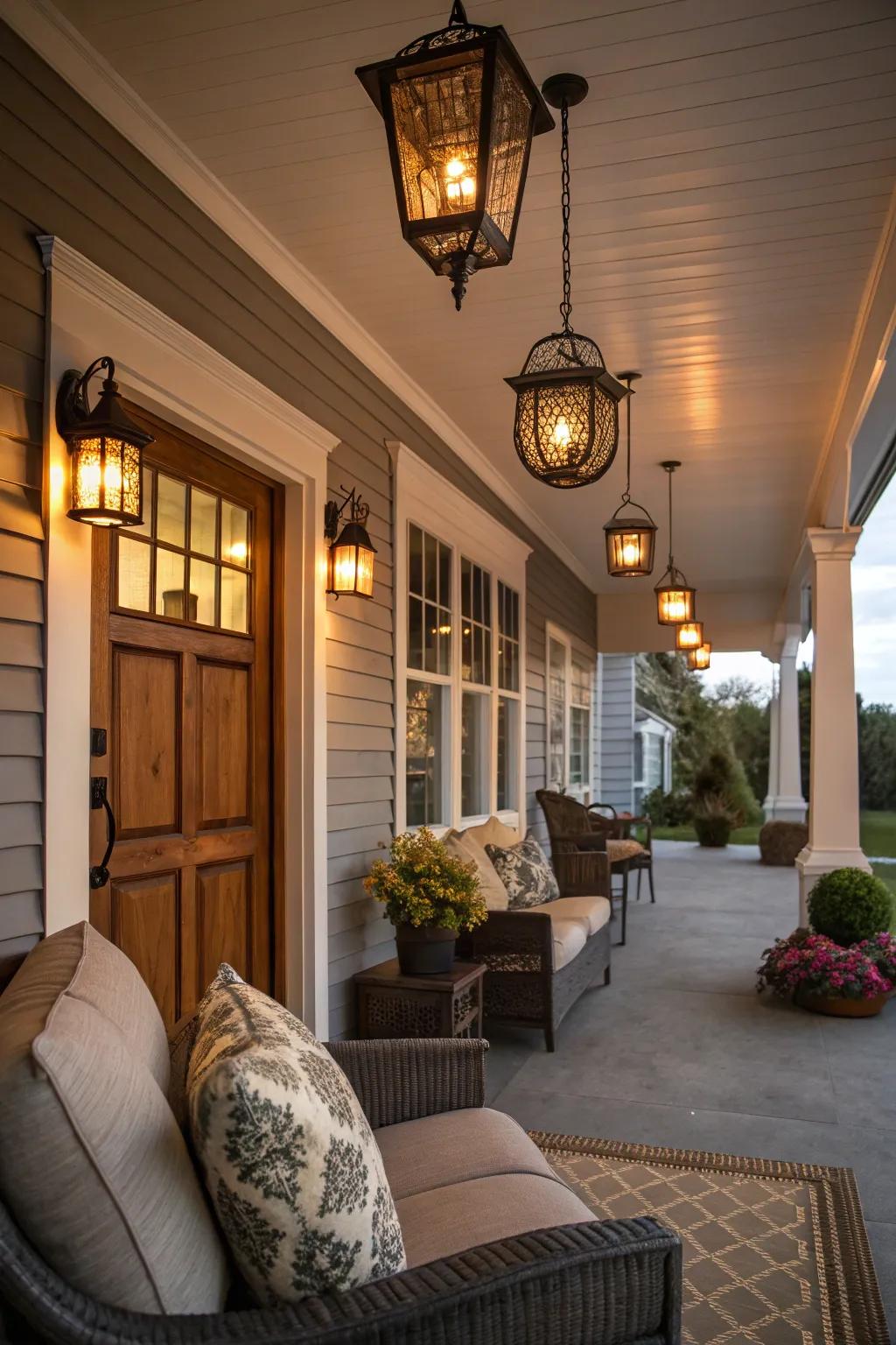 Lanterns cast a warm glow over the porch, perfect for autumn nights.
