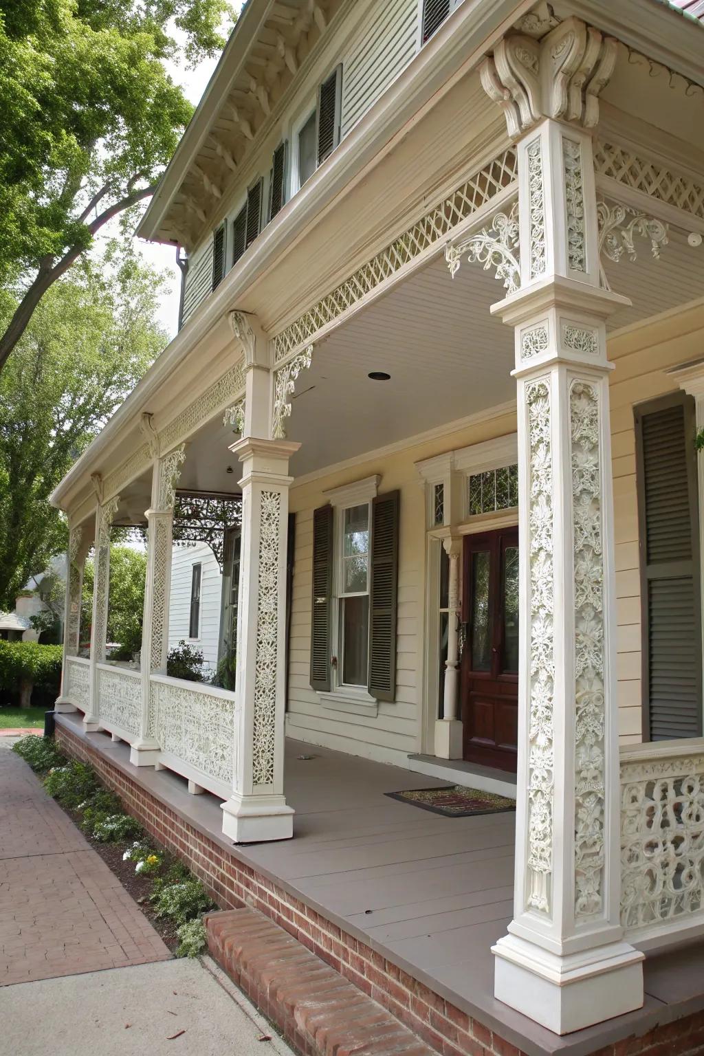 Decorative molding adds elegance and detail to porch pillars.