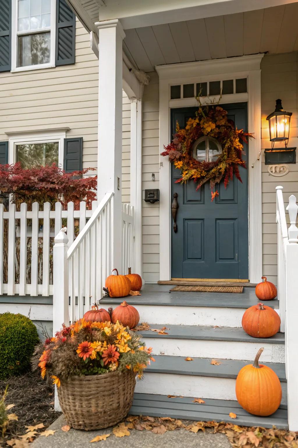 Seasonal decor with a fall wreath and pumpkins.