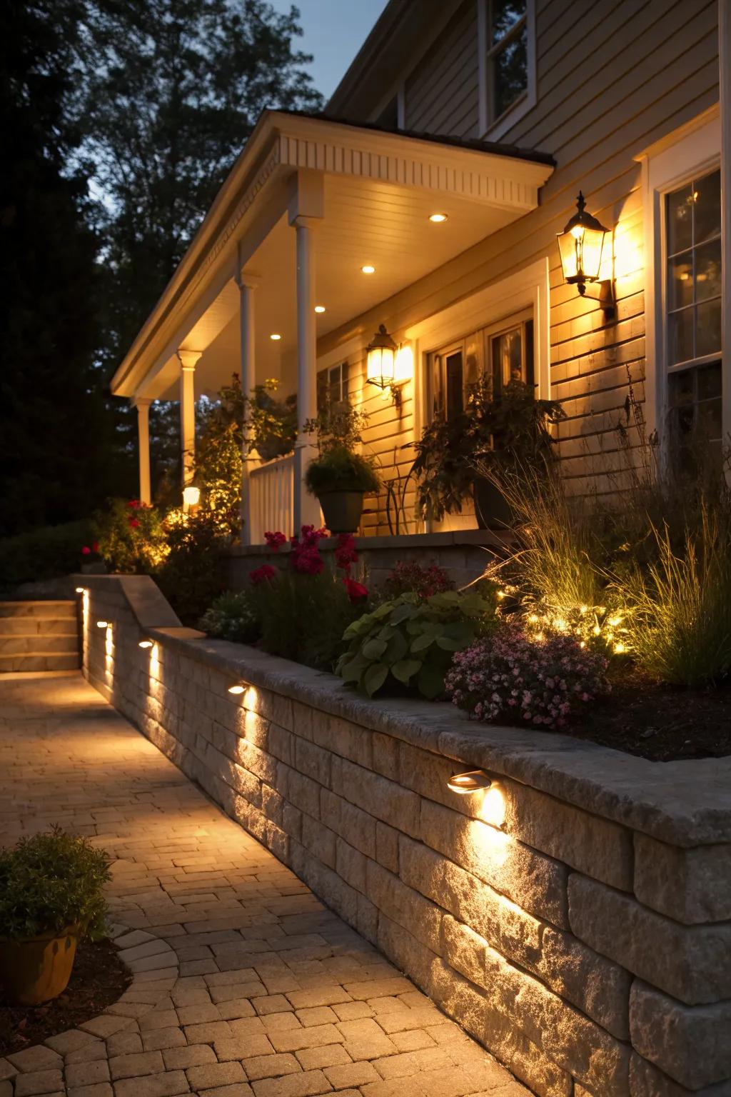 Accent lighting enhances the beauty and safety of a retaining wall.