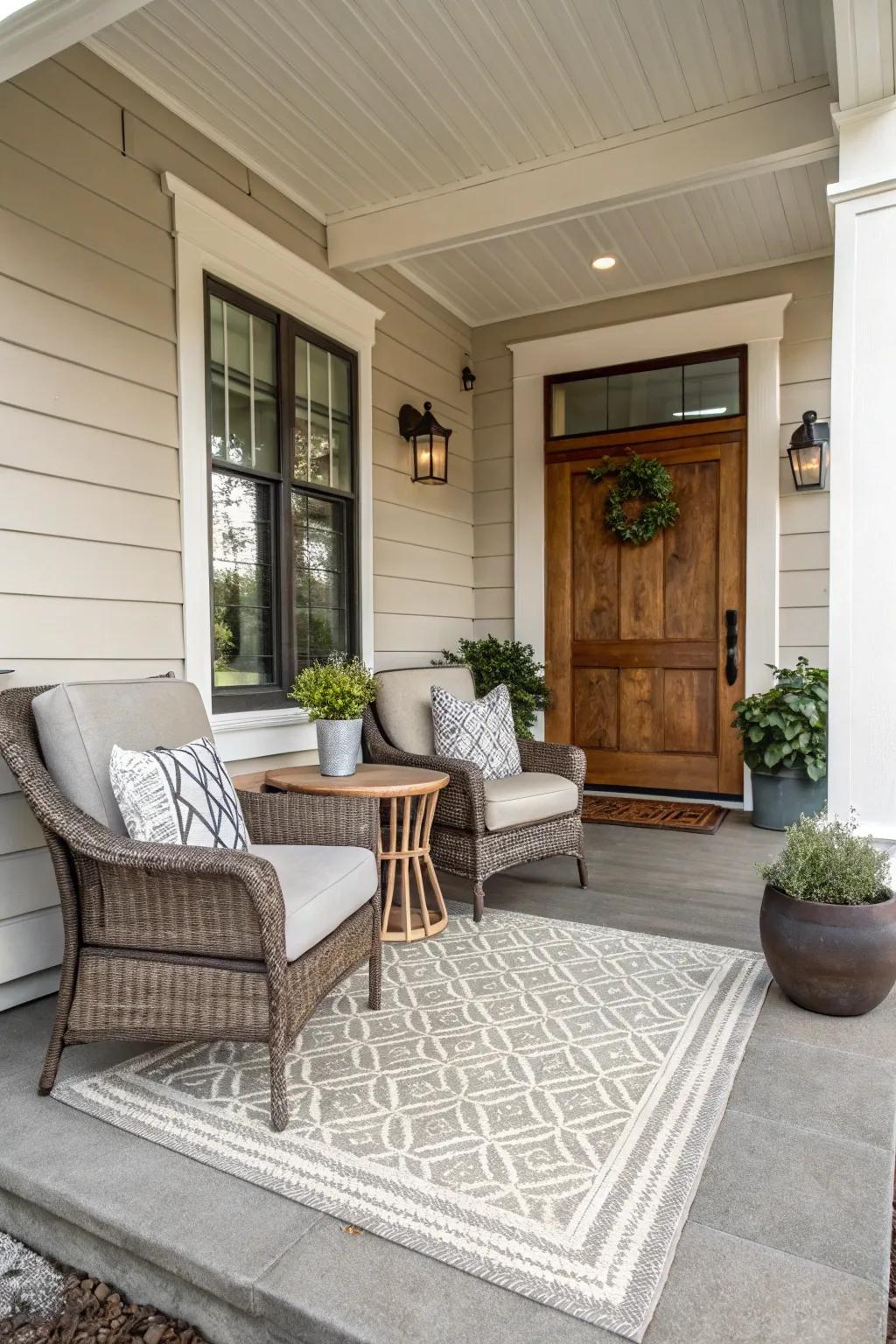 Neutral rugs provide a calm and inviting backdrop for your porch.