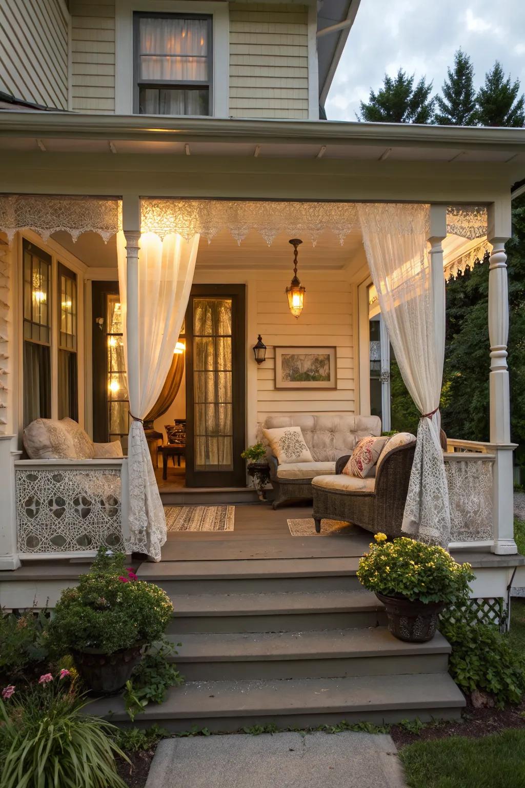 A refined front porch featuring wainscoting siding.