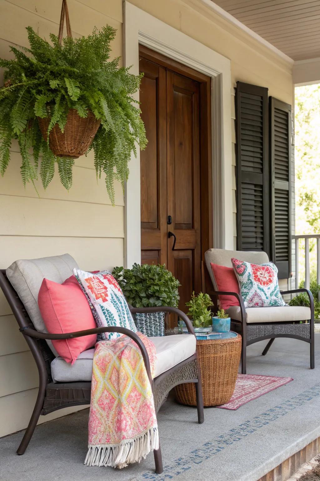 Colorful pillows and throws enhance the comfort of the porch seating