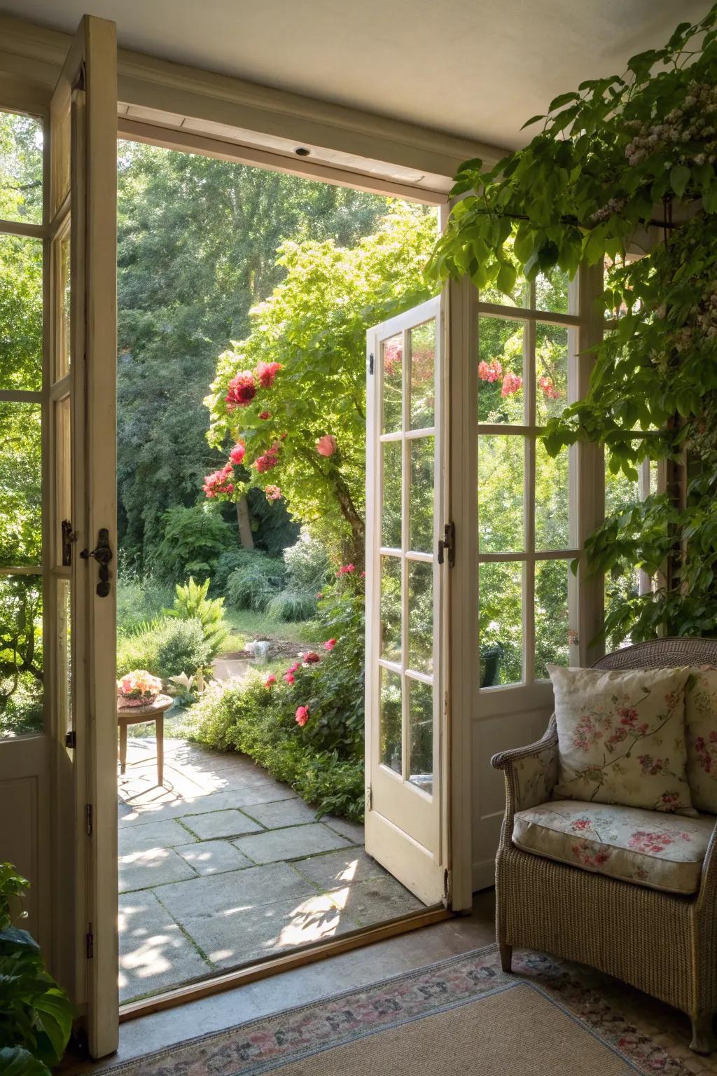 A sunroom seamlessly integrated with an outdoor garden area.
