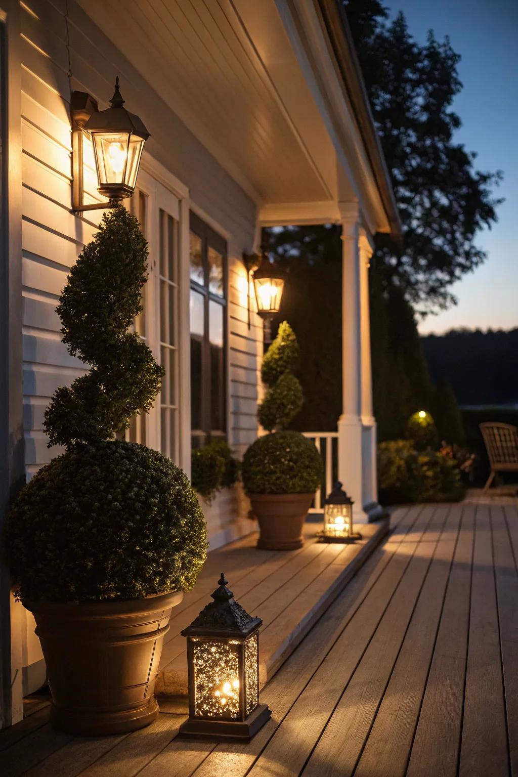 Lighting gives topiaries a magical glow.