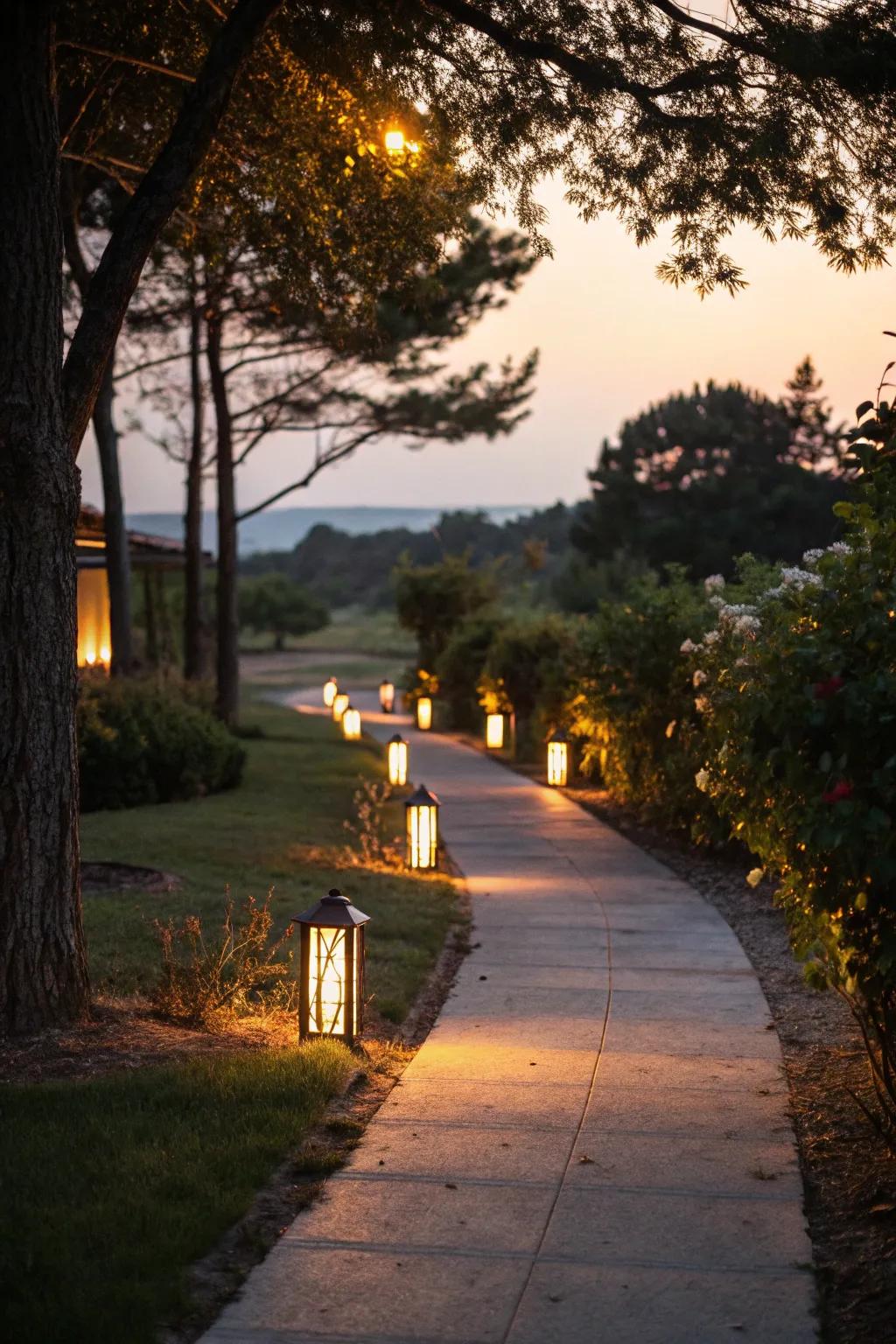 A walkway warmly illuminated by solar lights.