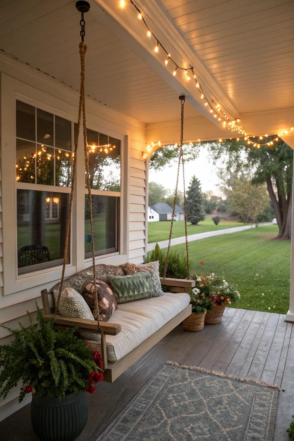 A porch swing adds a touch of relaxation to this front porch with a bay window.