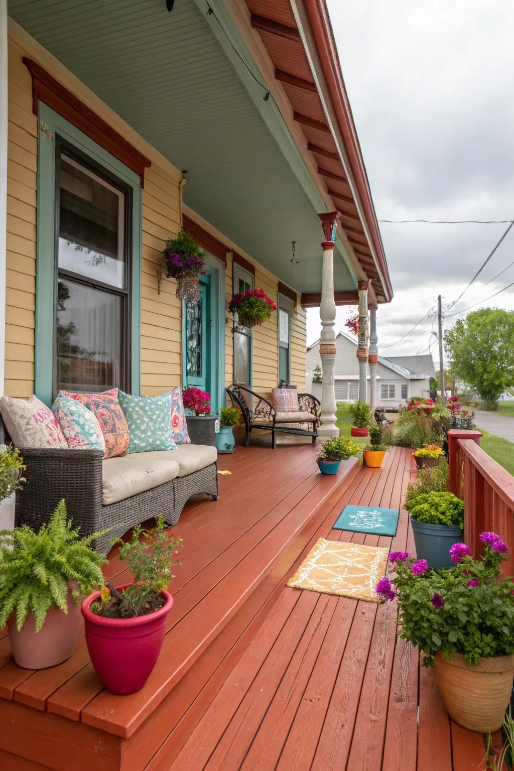 A vibrant porch showcasing the beauty of varied wood finishes.