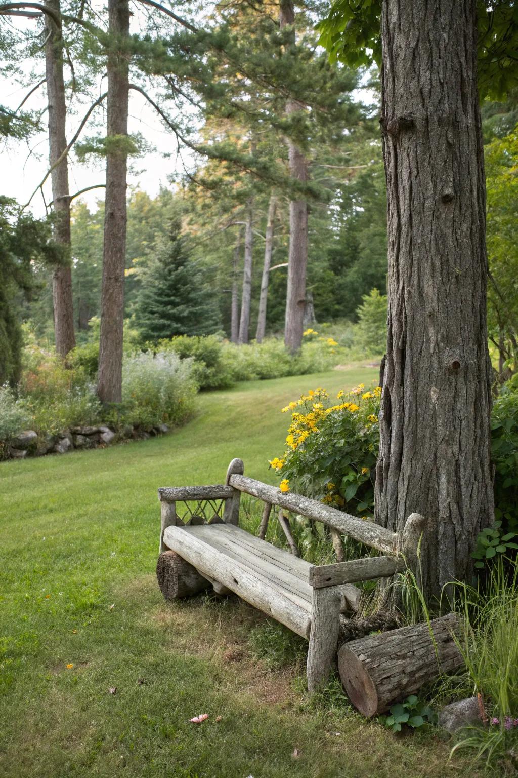 A rustic log bench brings a touch of the wild to your outdoor space.