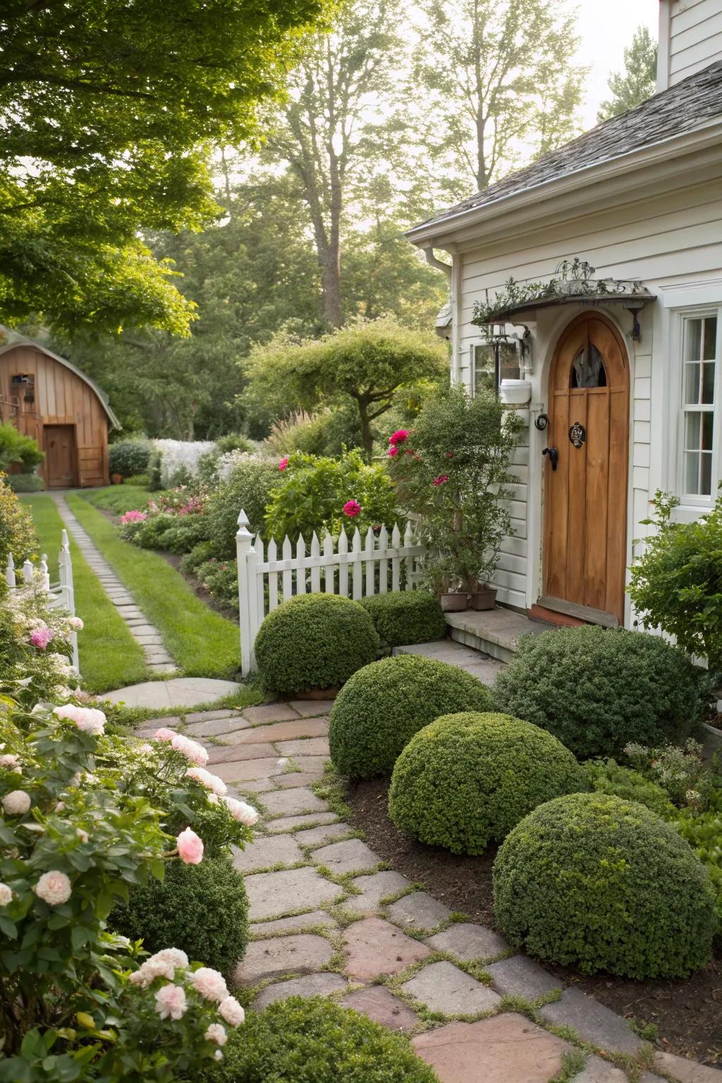 Rustic charm with boxwoods in a cottage garden.