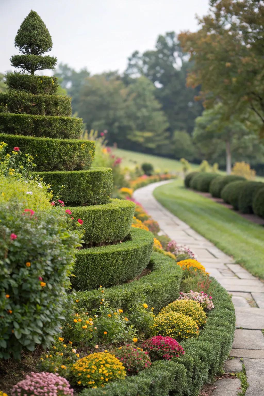 Add dimension with layered planting using boxwoods.