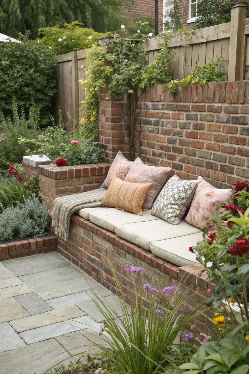 Add functional seating to your brick wall for comfort.