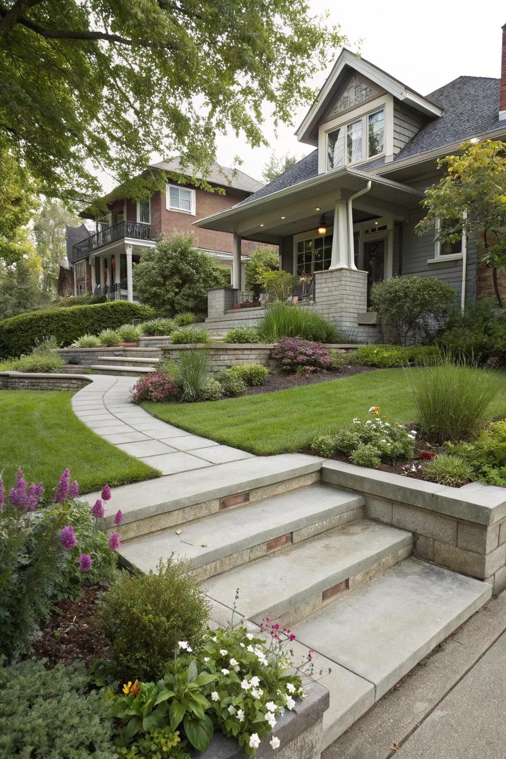 Elevation changes add dimension to this front yard landscape.