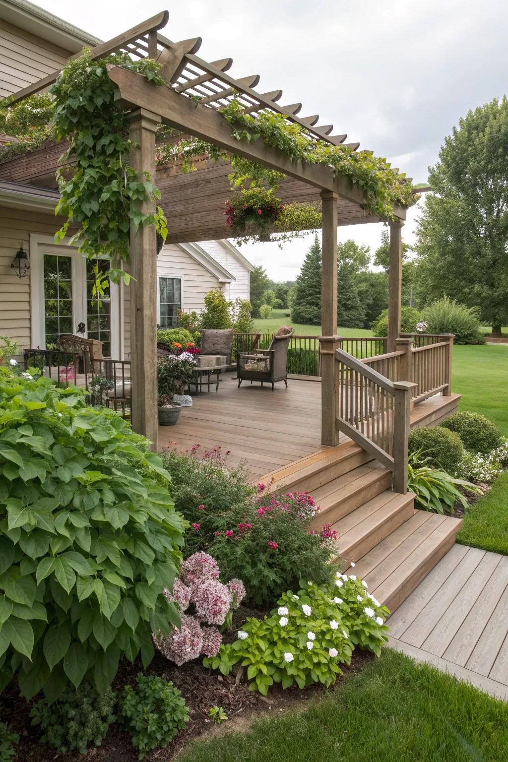 A cozy corner on the deck with a pergola for shade and comfort.