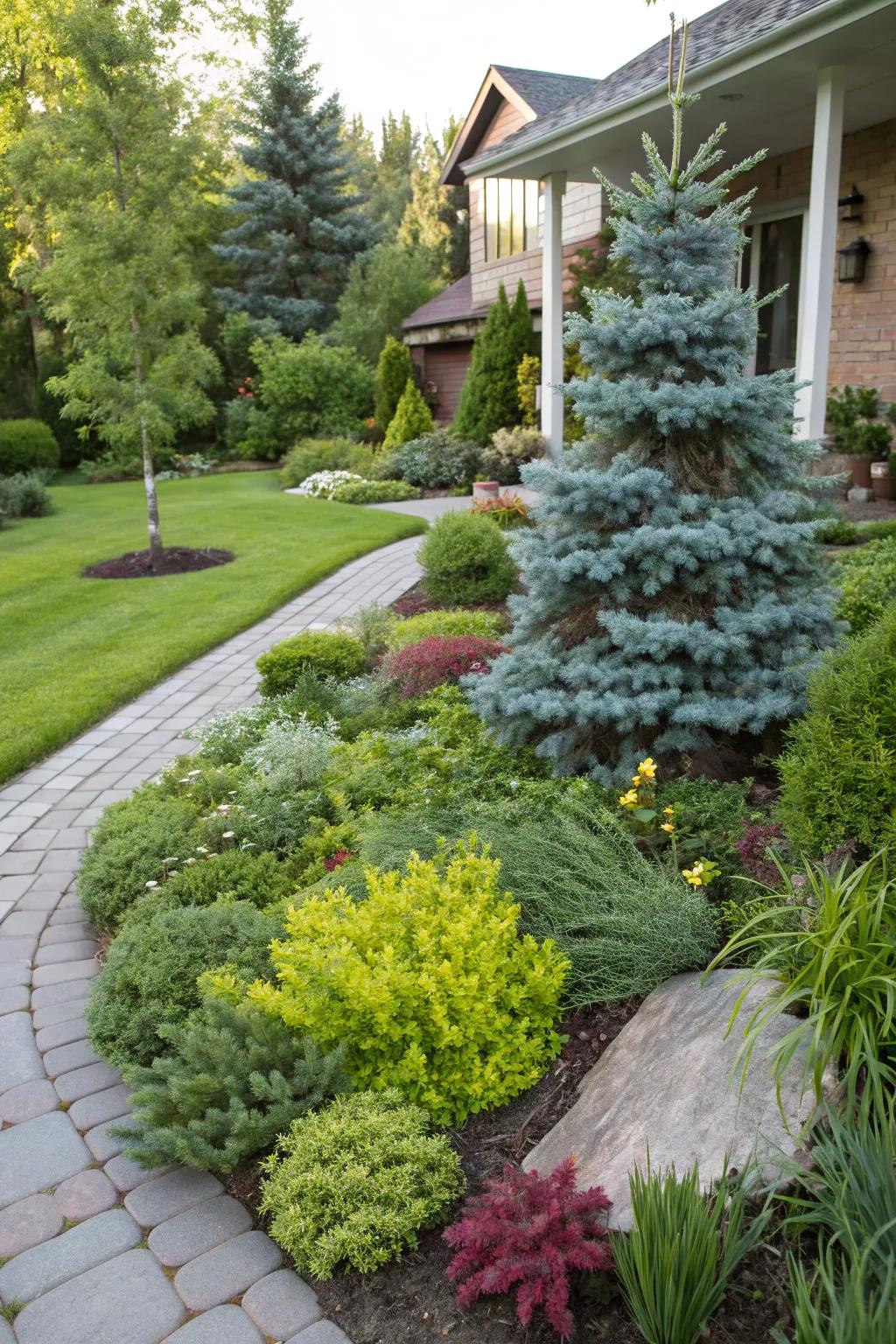 Achieve depth with layered plantings around dwarf blue spruce.