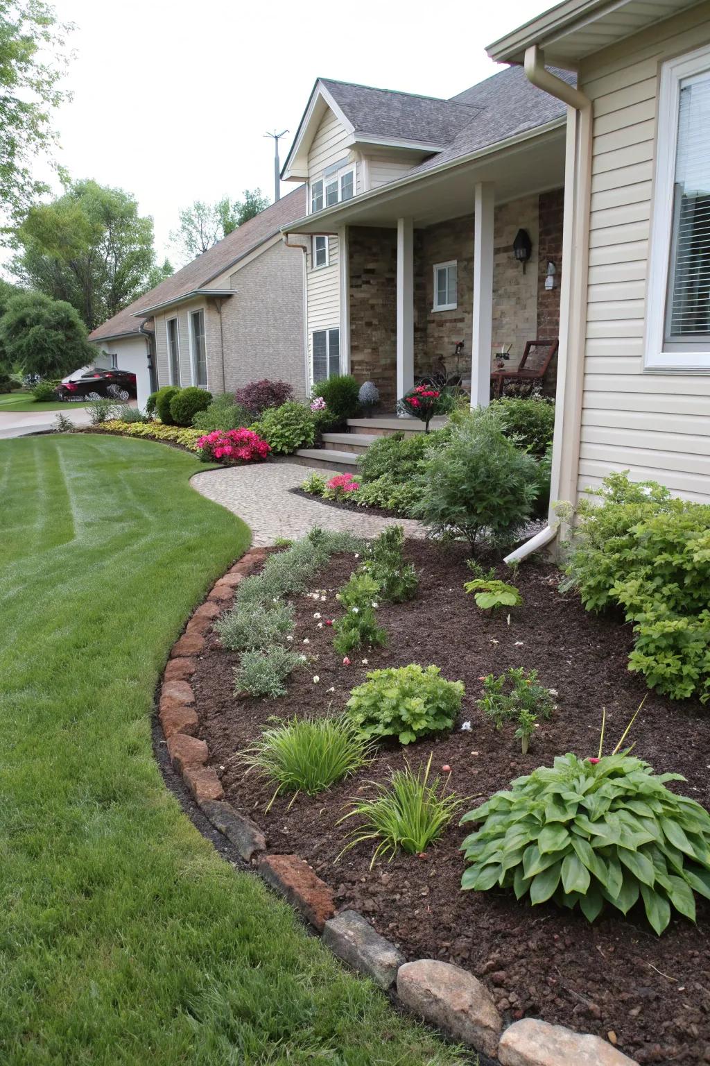 Integrating mulch and plants creates a natural and cohesive garden border.