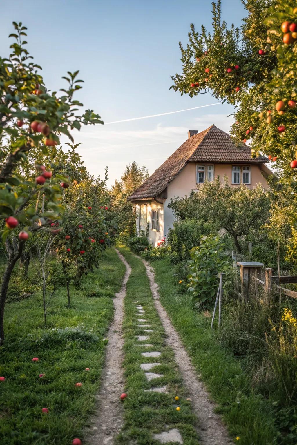 Pathway-aligned fruit trees create a structured and fruitful garden.