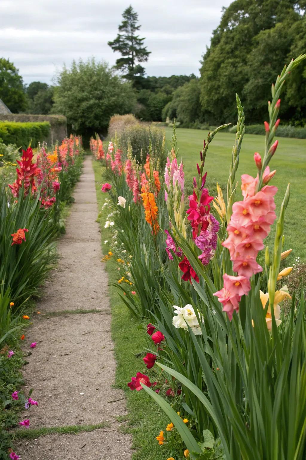 Gladiolus flowers line a garden path, serving as a natural border.