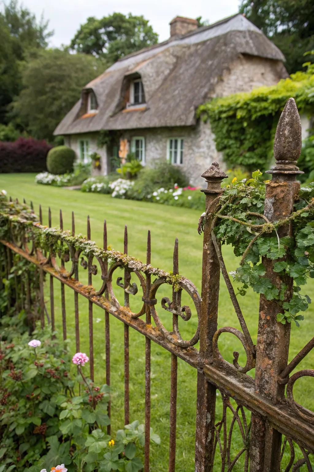 A rustic iron fence perfectly complements this quaint cottage.