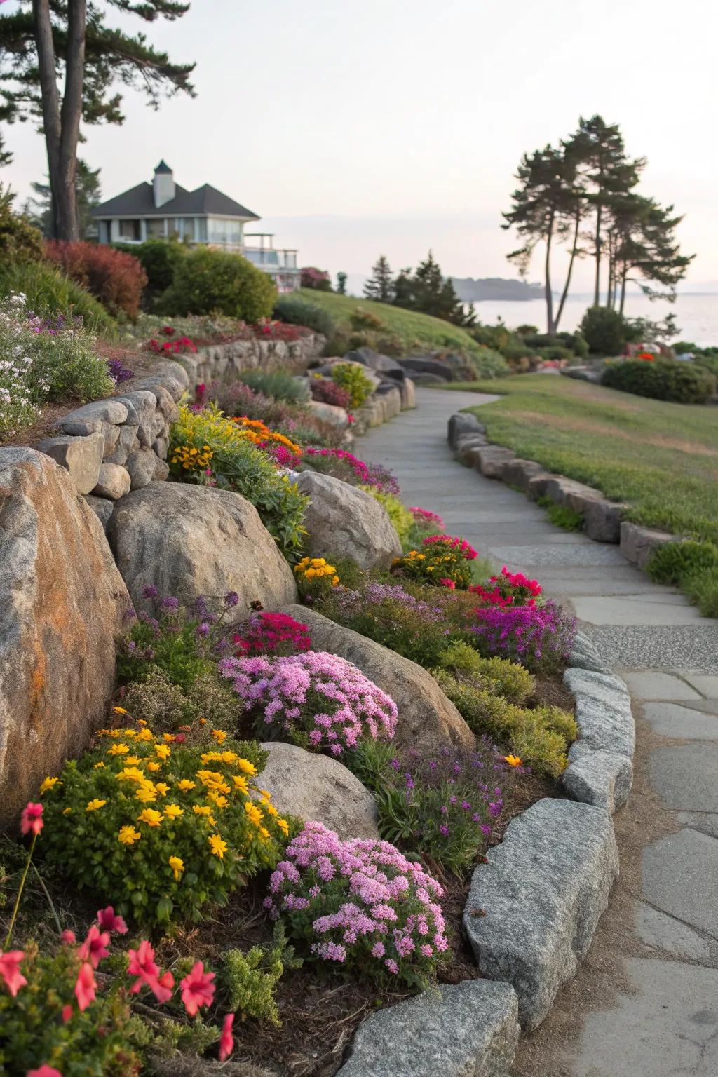 An island flower bed incorporating natural rock features for added texture.