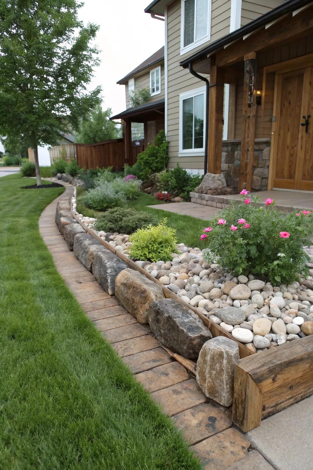 Mixed materials bring depth and creativity to this front yard's landscape edging.