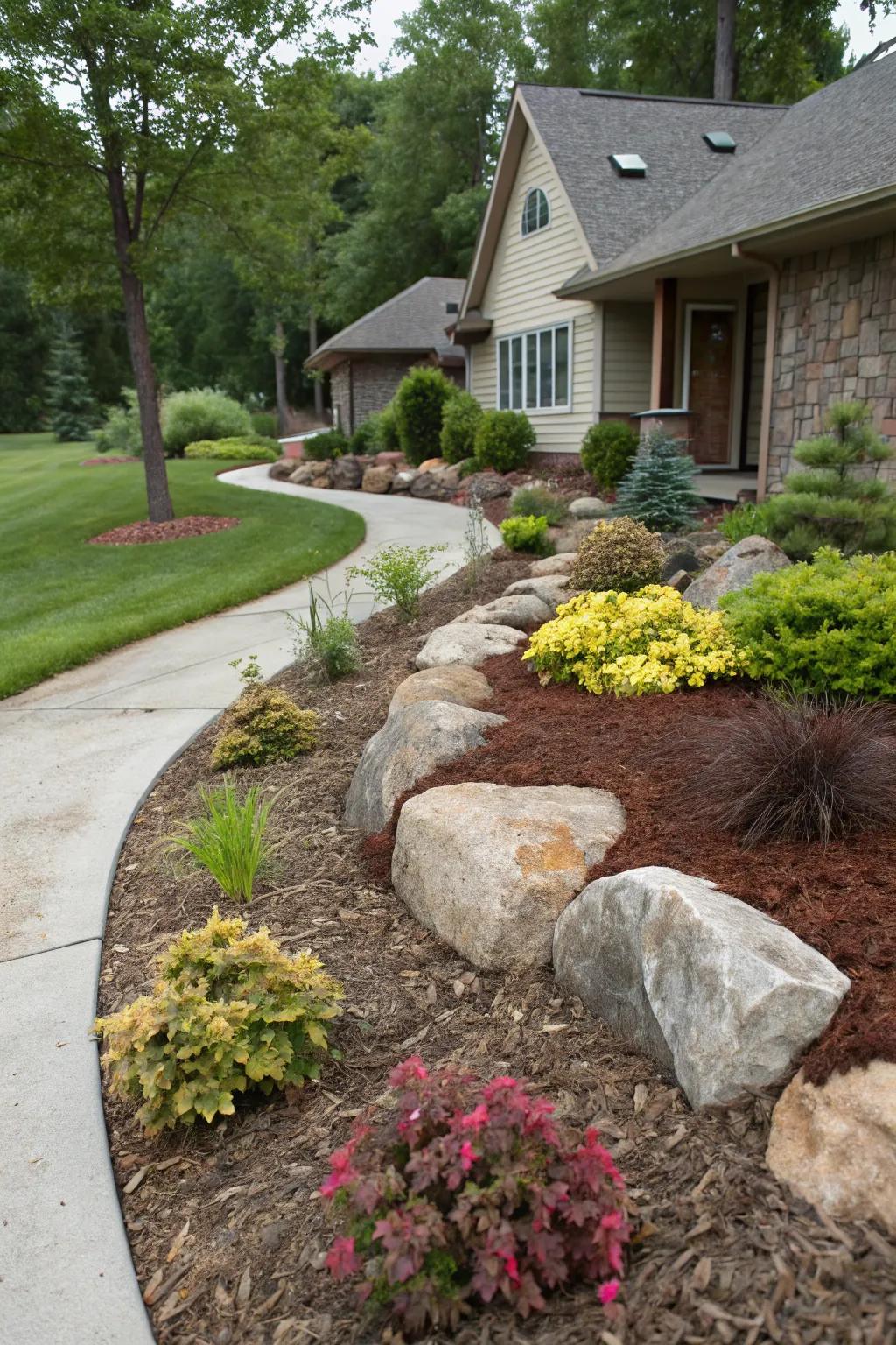 A practical yet aesthetic mix of mulch and rocks for a textured look.