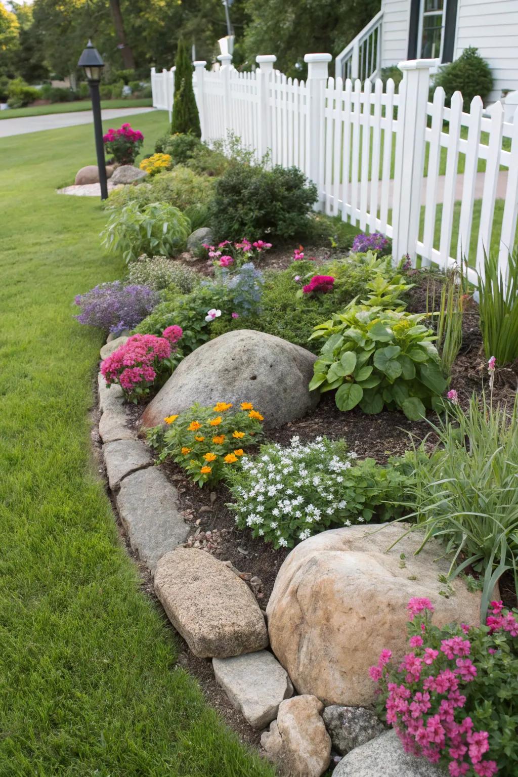 Integrated planting with rocks and shrubs for a natural aesthetic.