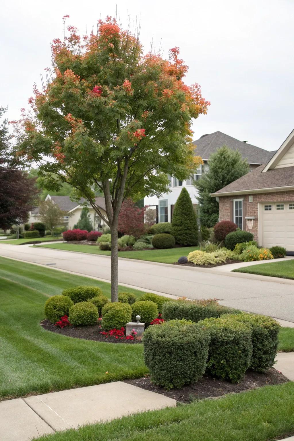 Decorative trees adding interest to a Zone 6 front yard.