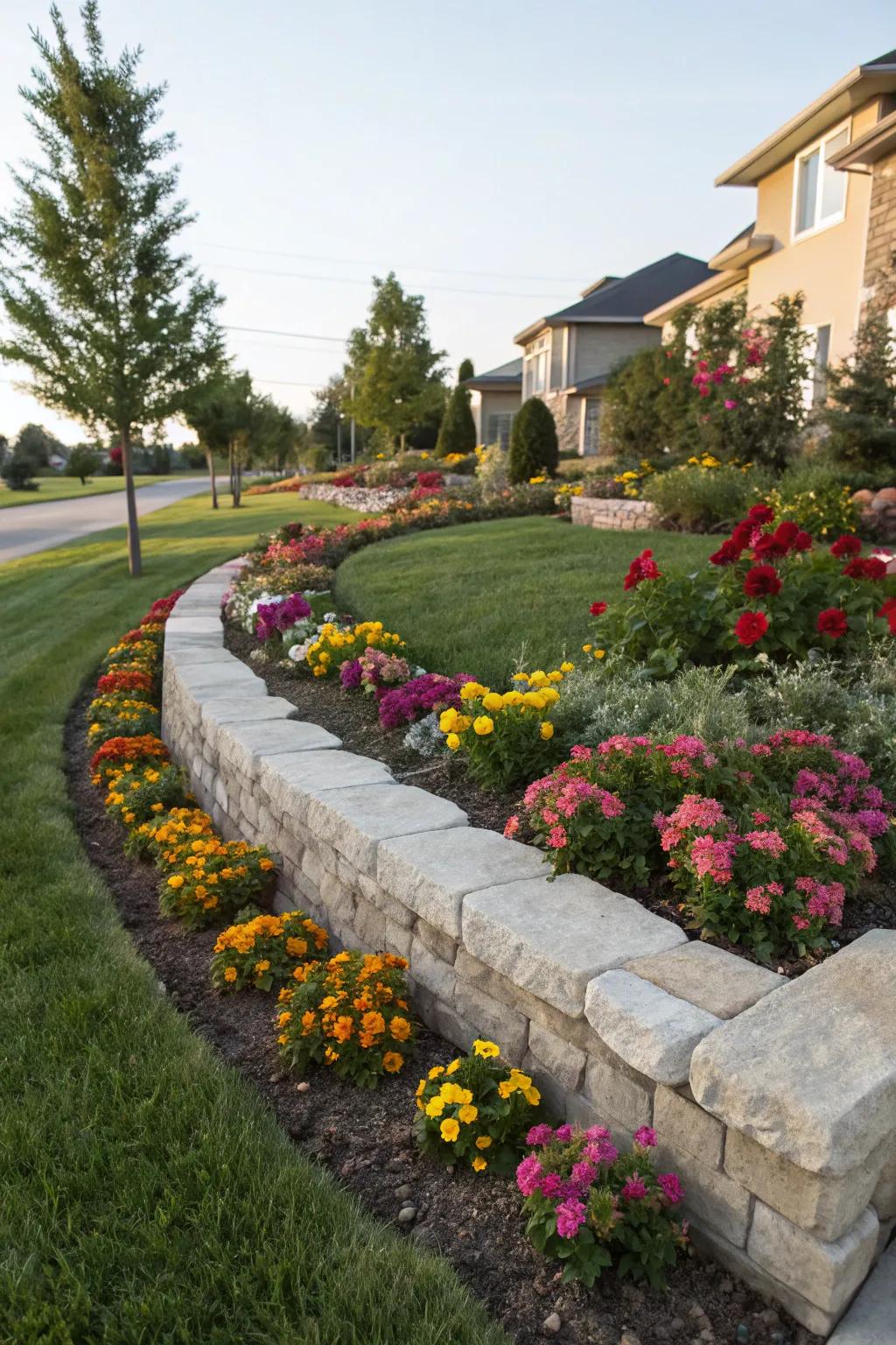 Neatly arranged garden beds showcasing vibrant plantings.