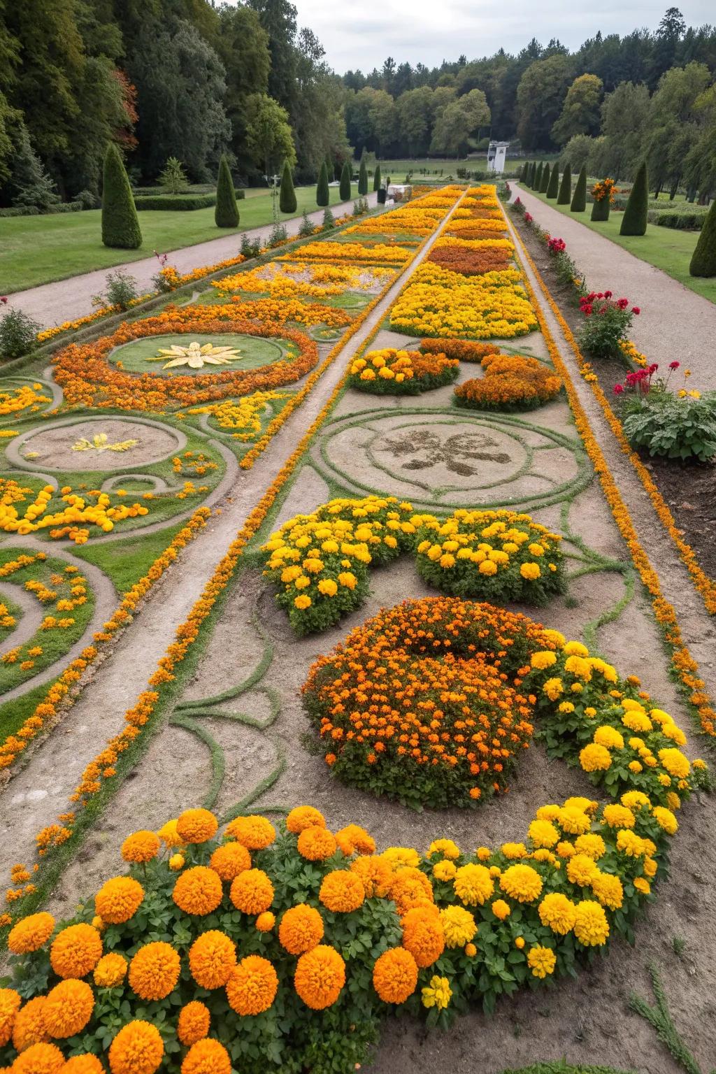 Patterned plantings of marigolds offer a unique garden design.