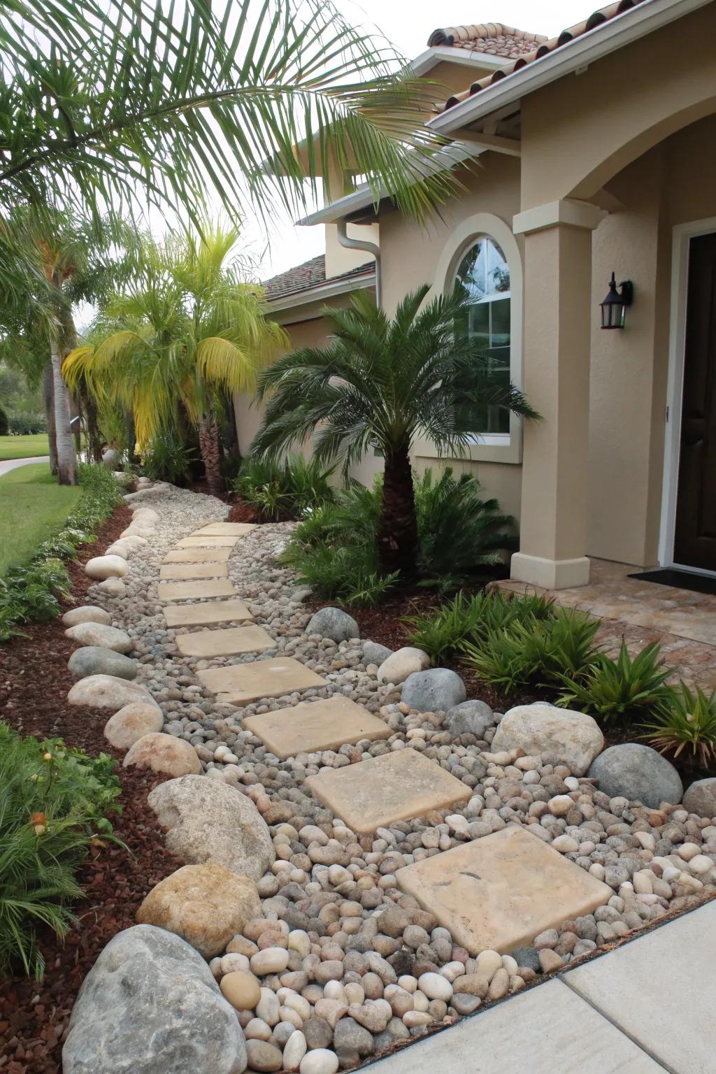 Rocks and pebbles provide a striking contrast and texture beneath palms.