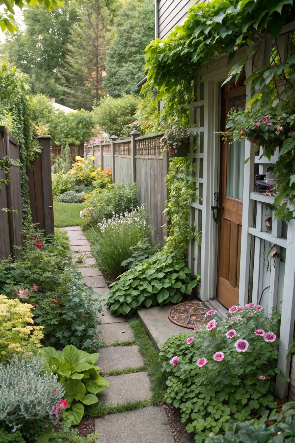 A small front yard maximized with layered plants and vertical structures.