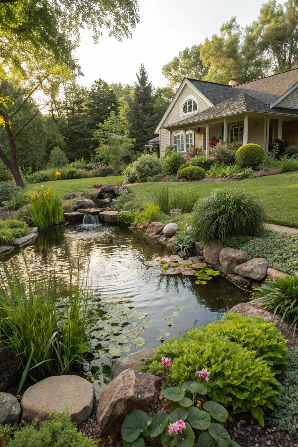 A mix of plants and shrubs creates a lush pond environment.