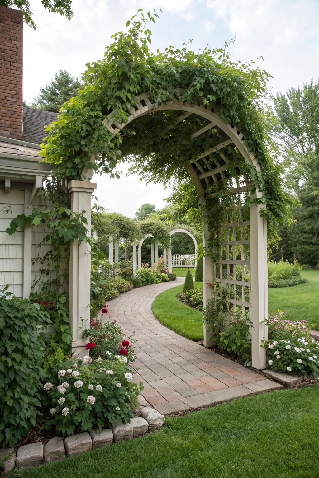 Pergolas with climbing flora offer beauty and privacy.