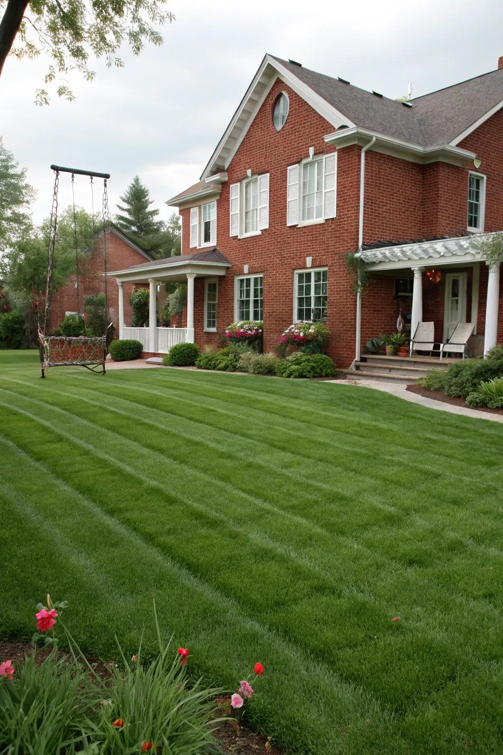 A perfectly manicured lawn complements the neat appearance of this red brick house.