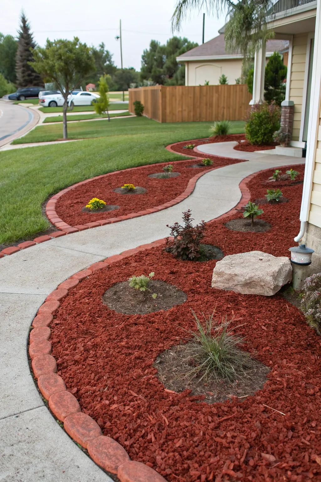 Artistic circular patterns of red mulch in a front yard.
