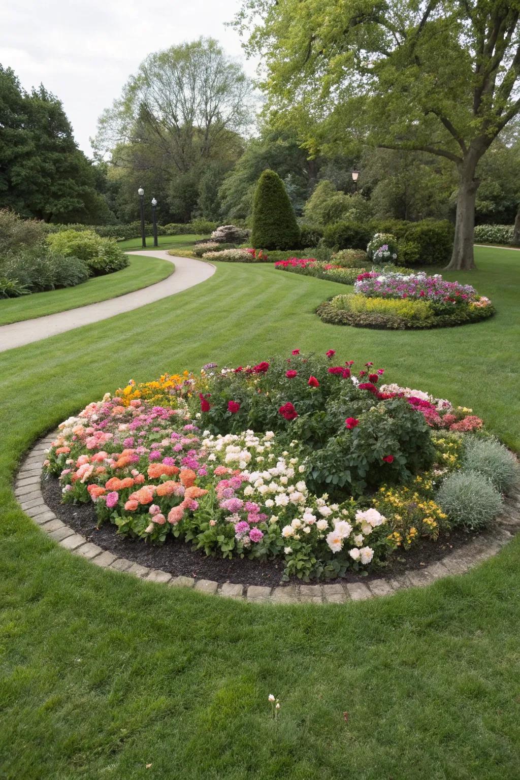 Seamless integration of flower bed and lawn creates a cohesive look.