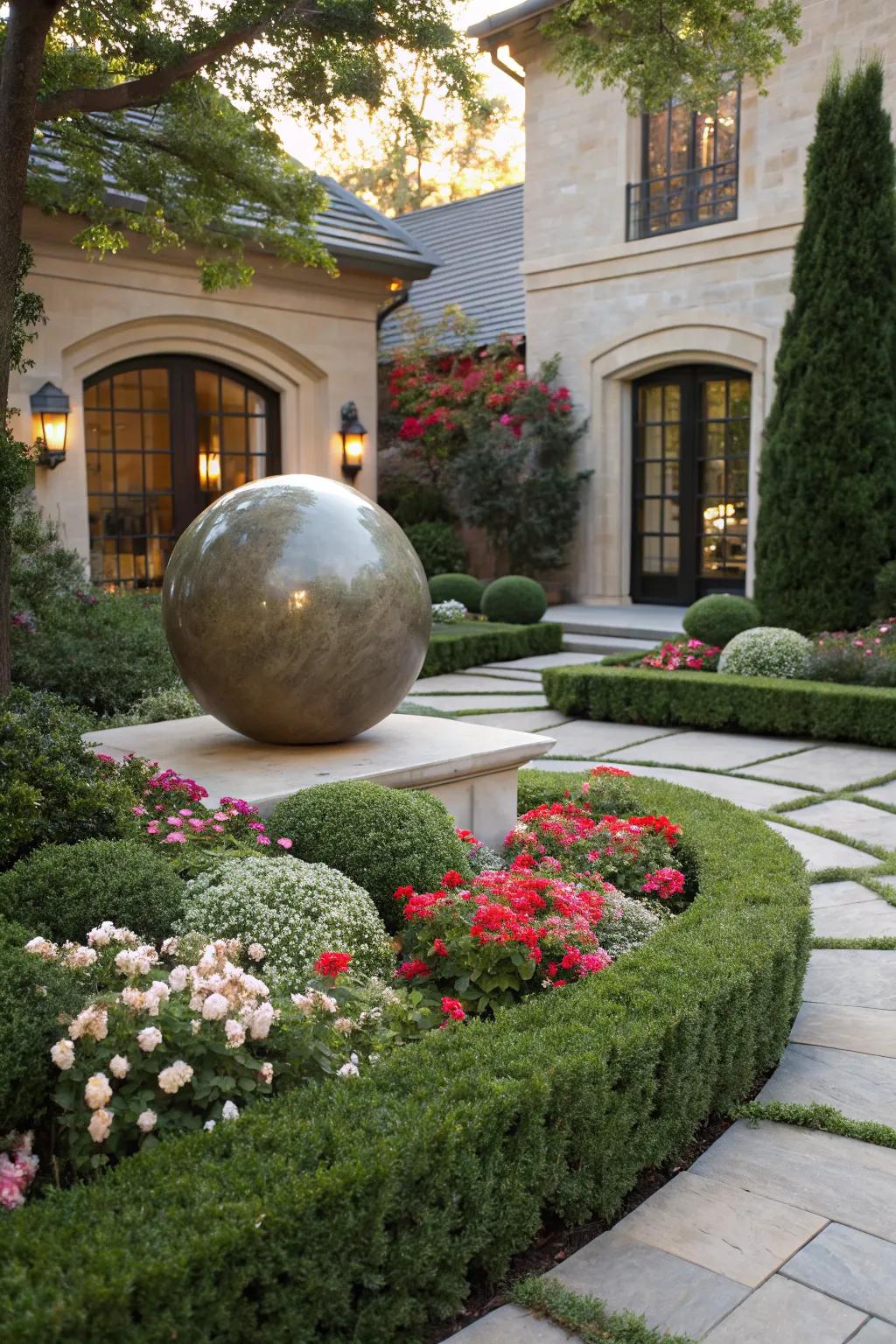 A spherical sculpture providing a unique focal point.