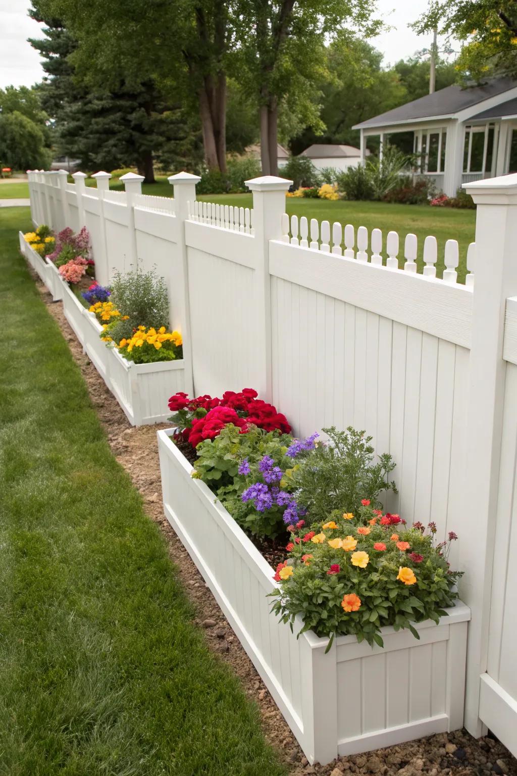 Vinyl fence with integrated planter boxes, adding a splash of color.