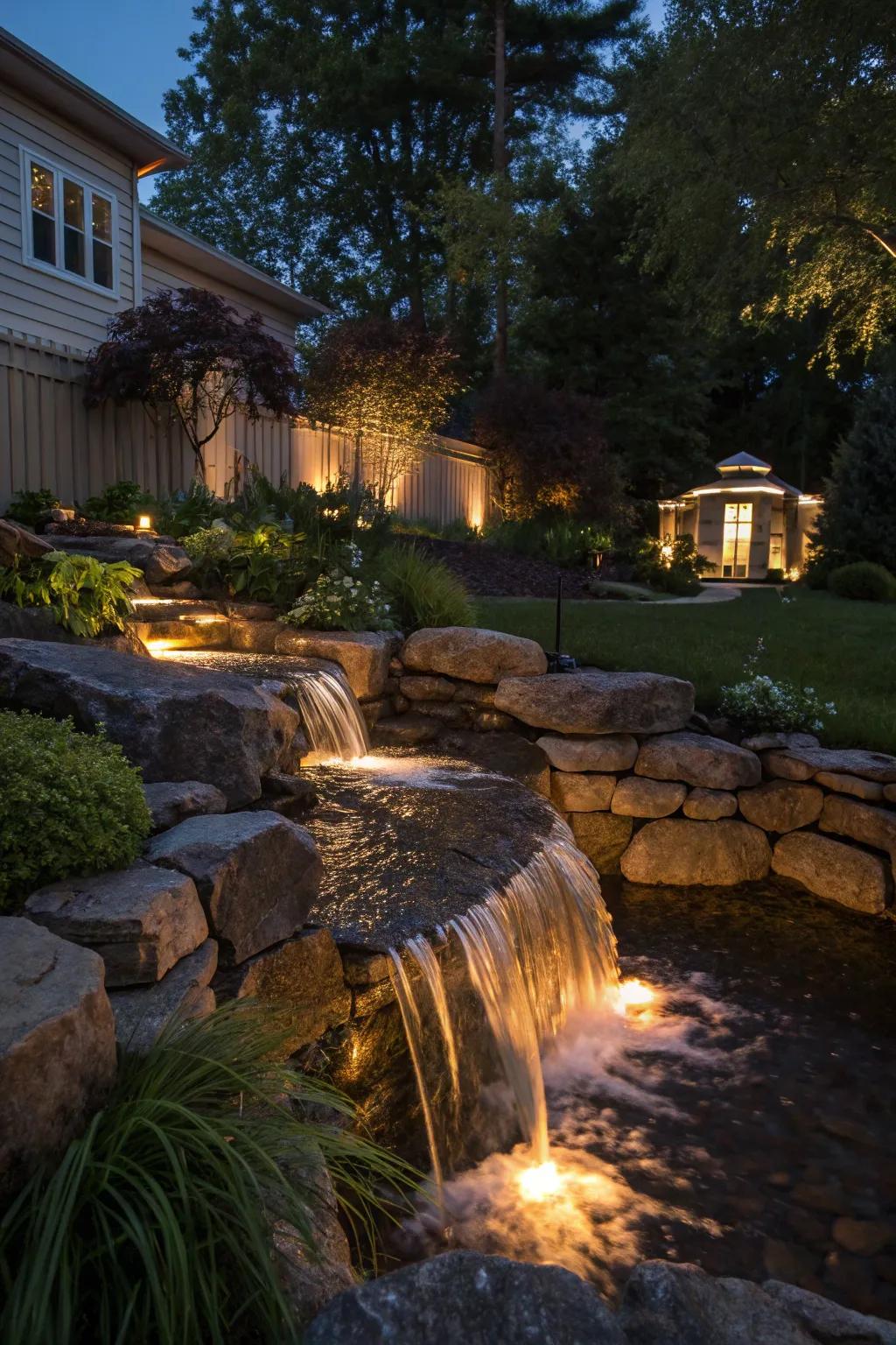 LED lights create an enchanting evening glow around this waterfall.