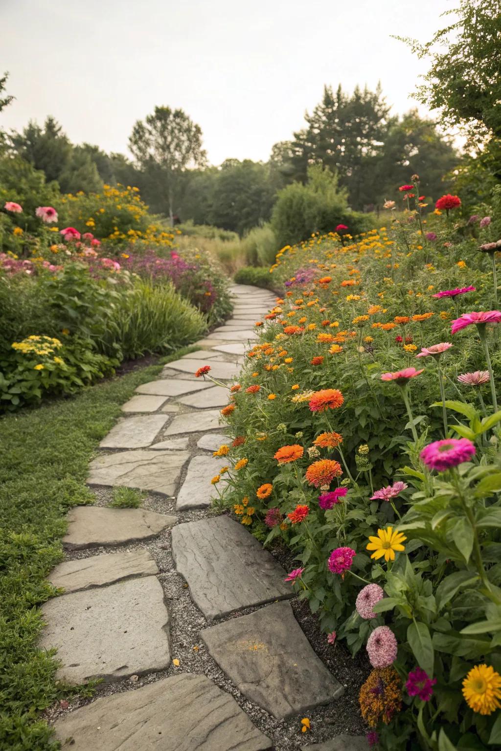 Stone paths provide a rustic charm amidst vibrant zinnias.