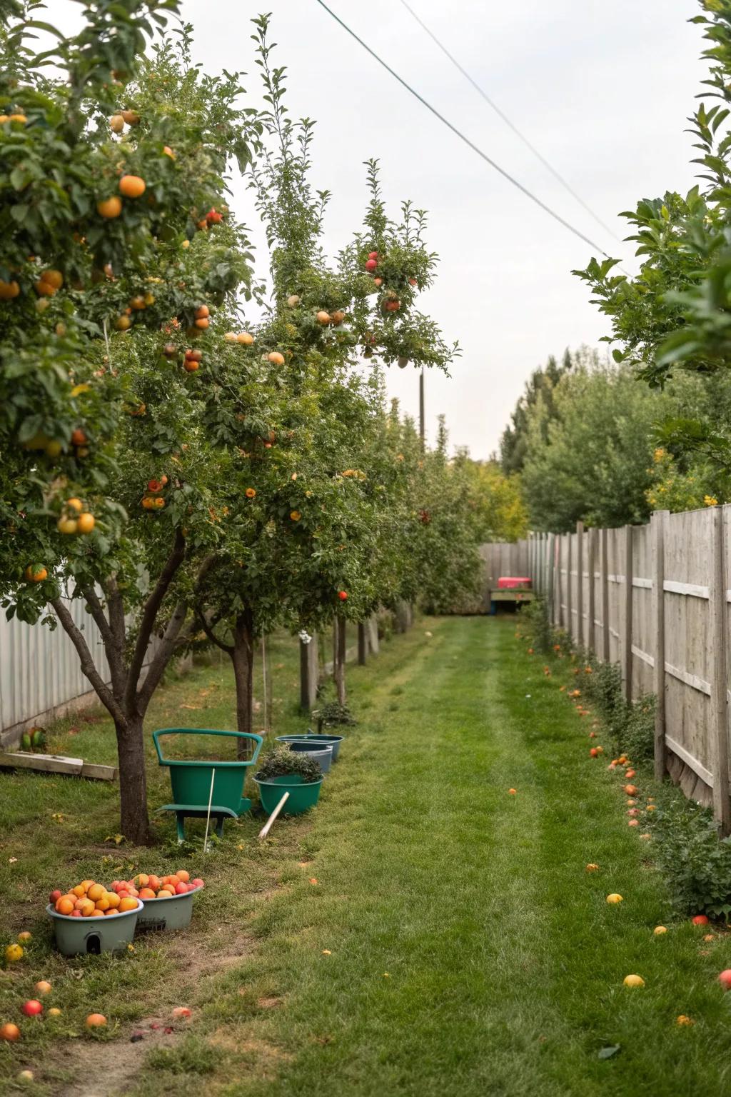 Neat rows of fruit trees offering a slice of orchard life.