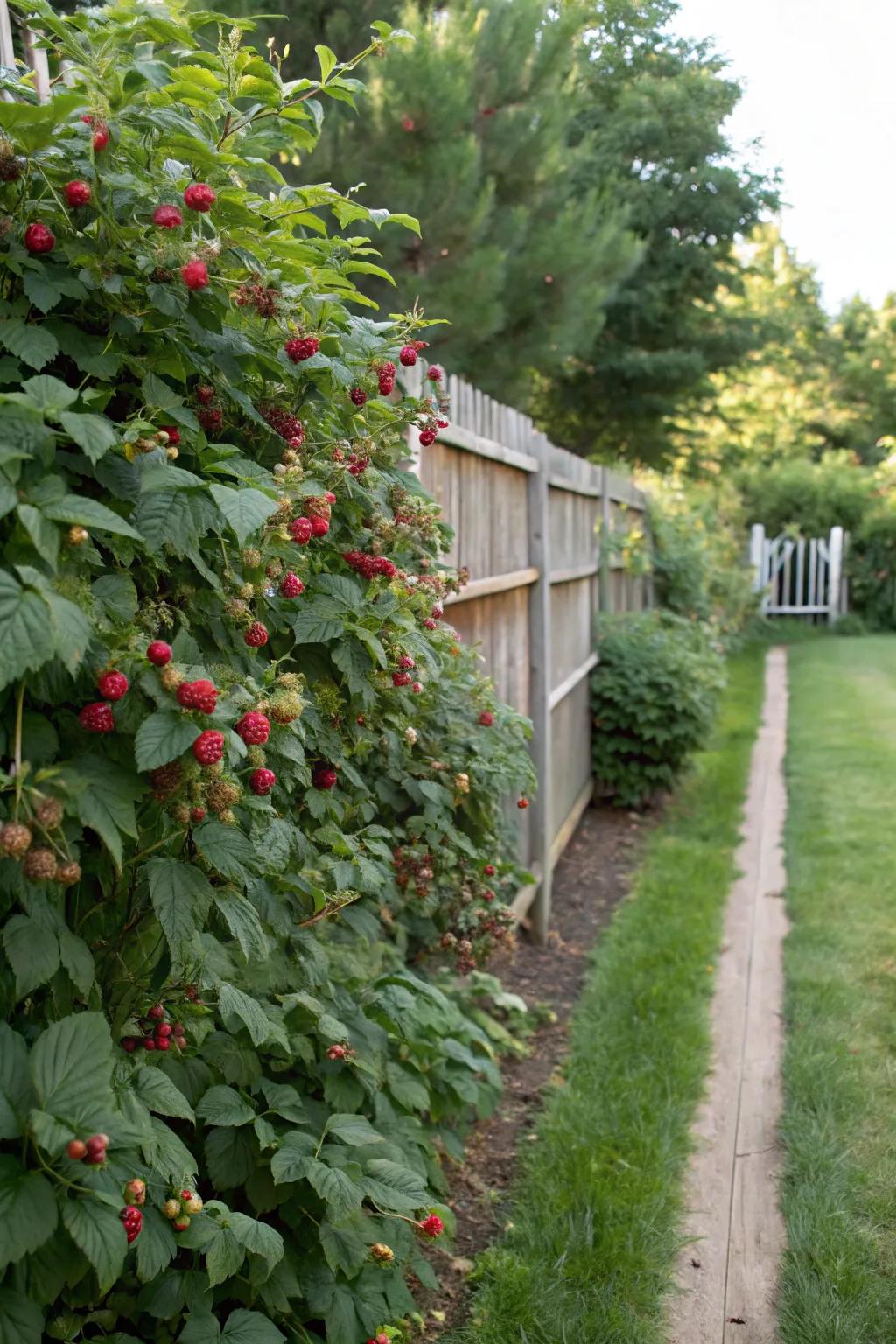 Raspberry bushes as yard boundaries provide privacy and produce.