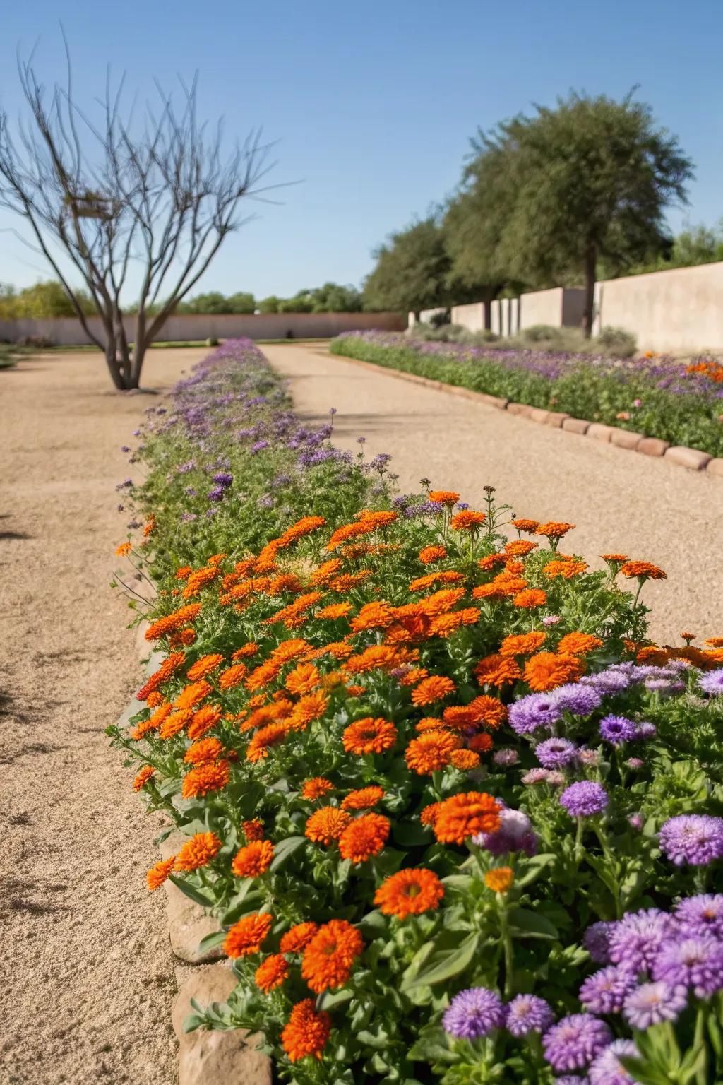 Zinnias and ageratum offer a simple yet striking display in this sunny garden.