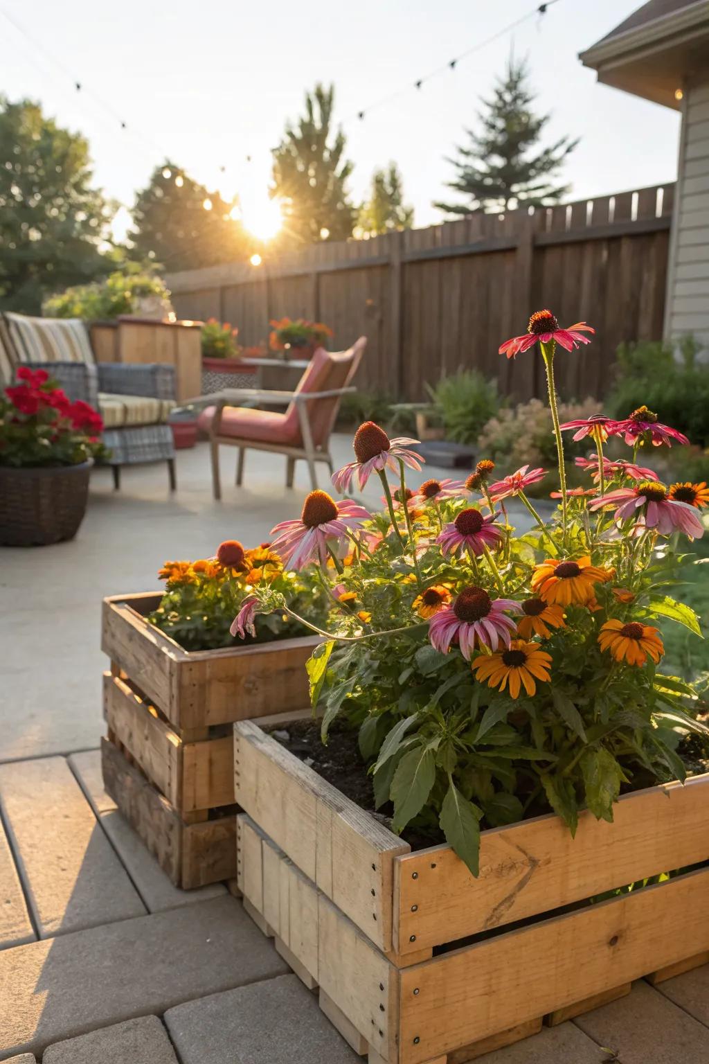 Coneflowers in wooden crates add a splash of color to any sunny patio.