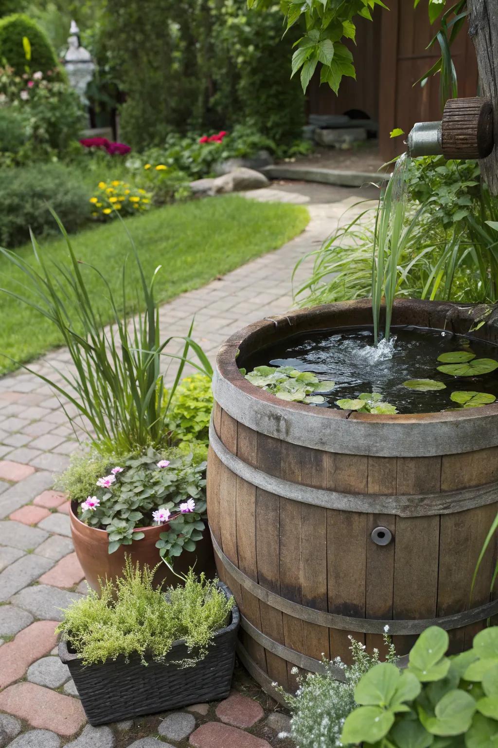 A tranquil whiskey barrel water garden.