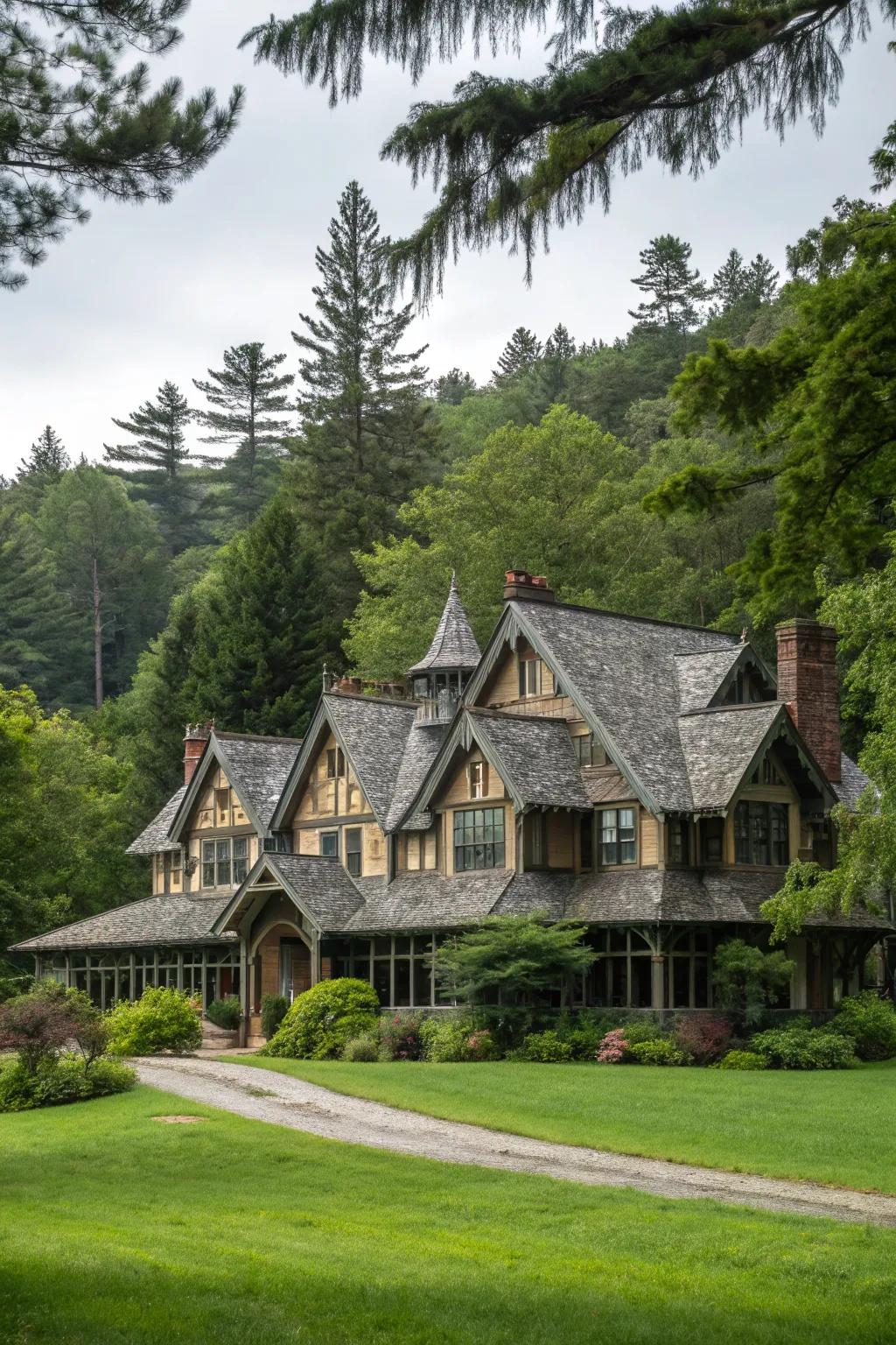 Multiple gables add complexity and interest to the roofline.